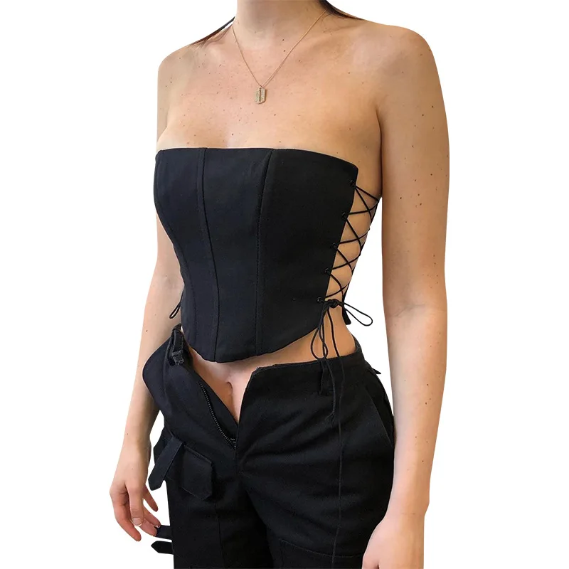 

2021 New Fashion Lace Up Drawstring Plain Shirts Women's Wrap Summer Sweater Women's Backless Sexy Crop Top Corset, Multi