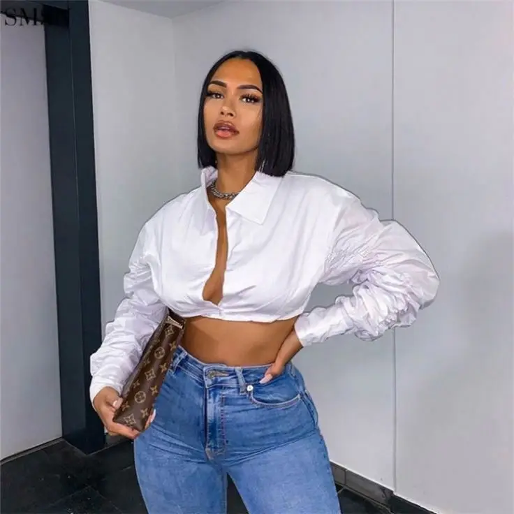

Newest Fashionable Sexy V-Neck Long Sleeve Crop Top White Shirts For Women Blouses Fall 2021 Women Tops
