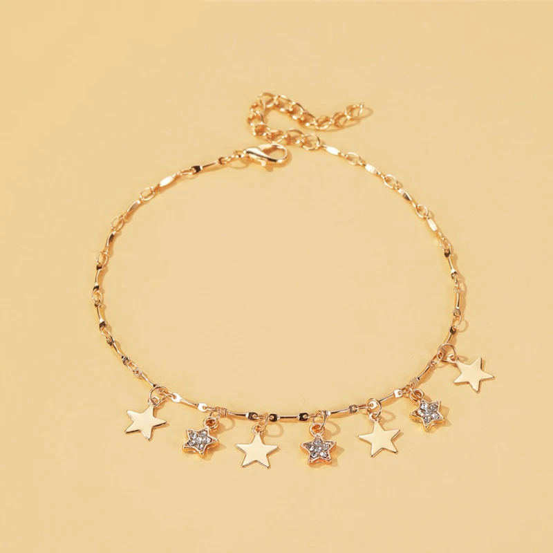 

New Foot Ornaments Small Fresh Summer Beach Wind Star Pendant Anklet Wild Five-Pointed Star Tassel Anklet, As picture