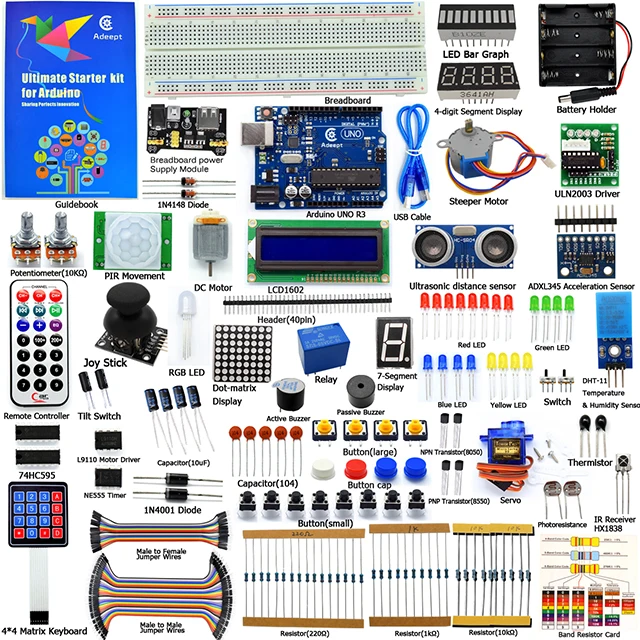 

Adeept Ultimate Starter Kit compatible with Arduino R3 LCD1602 Servo Motor Relay Processing and C Code Beginner Starter Kit