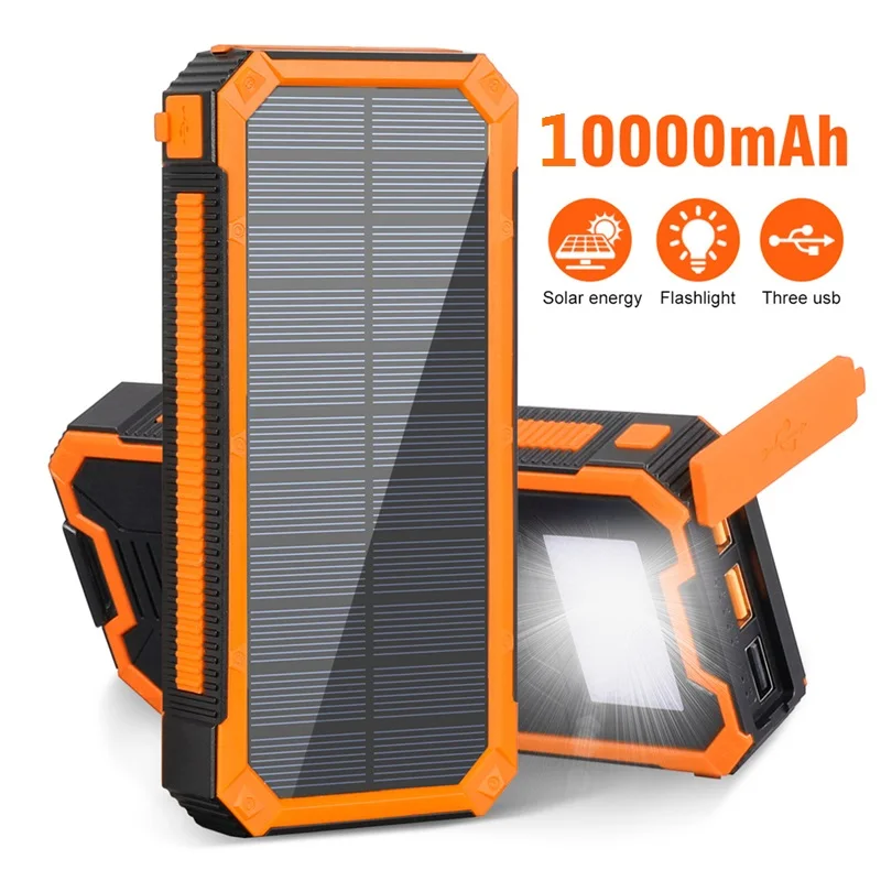 

2021 cell phone Solar promotional Power Bank 10000mah Power Banks Portable Charger LED External Battery PowerBank, Black, orange, red and blue