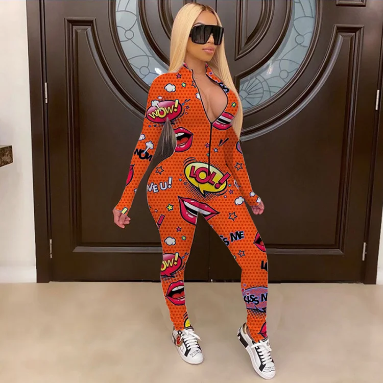 

Cute Mouth Printed V Neck Long Sleeve One Piece Bodycon Romper Streetwear Skinny Jumpsuits For Women Fall Clothing, Red,blue,orange