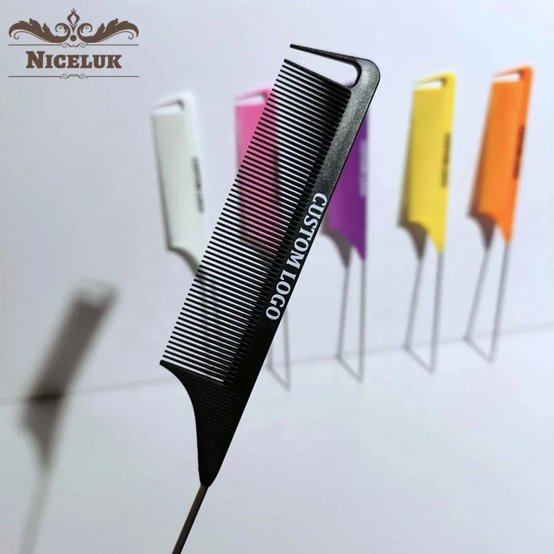 

Niceluk private label heat resistant pink barbering carbon fiber metal rat tail hair parting precision comb with custom logo, As requested