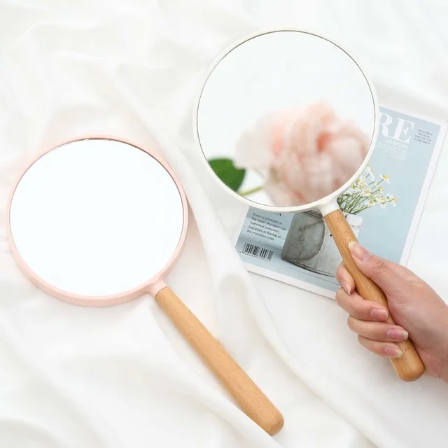 

BEAU FLY 2021 New Wood Handle Makeup Mirror Hd 2 Sides Magnifying Round Dentist Beauty Hand Mirror, Pink, white