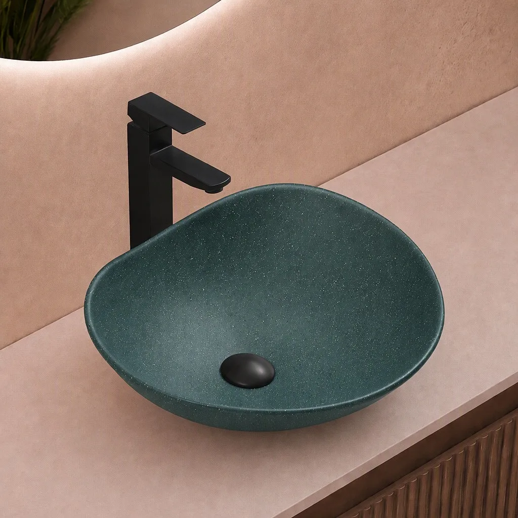coloured-bathroom-sinks-9845-MT-034D-starlight-forest-green-cashew-pebble-vessel-basin-matte-black-tall-mixer coloured-bathroom-sinks-9845-MT-034D-starlight-forest-green-cashew-pebble-vessel-basin-matte-black-tall-mixer