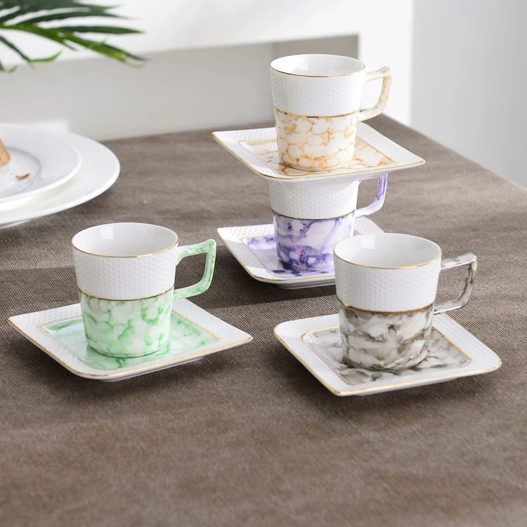 

120ML Handmade Porcelain Marble Desgin Pattern Porcelain Expresso Coffee Cup And Saucer, Natural