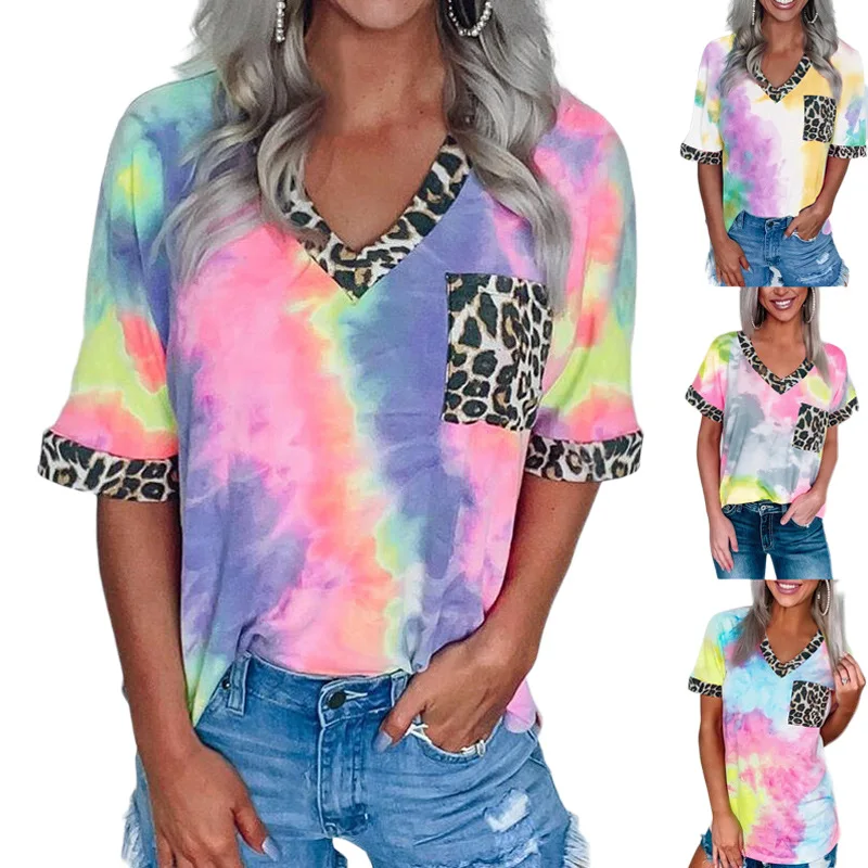 

2021 Spring and Summer Factory Hot Sale Women's Top Tie-dye Leopard Print Stitching Pocket V-neck Short-sleeved T-shirt