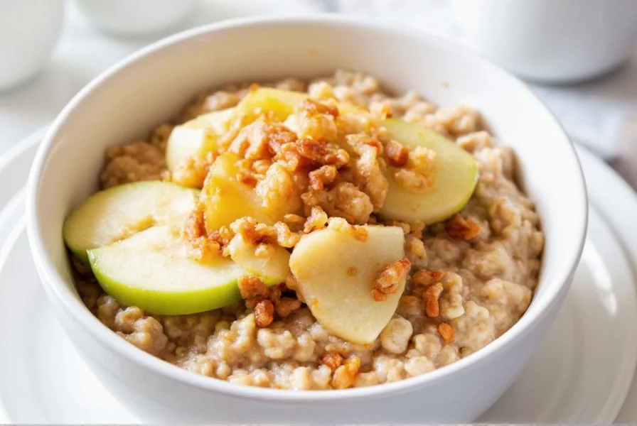 Step-by-step preparation of apple cinnamon oatmeal showing rolled oats, fresh apple slices, and cinnamon in a saucepan