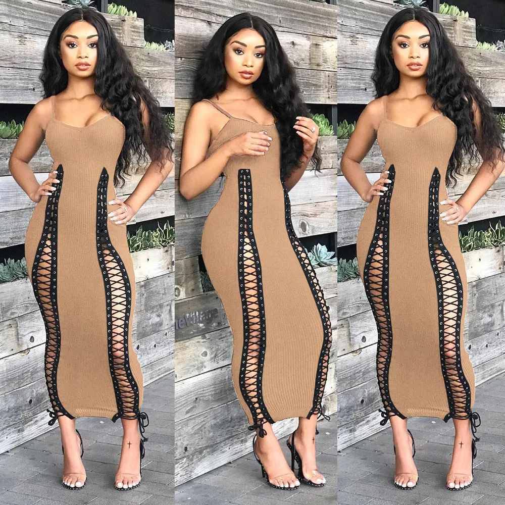 

women casual Sleeveless Eyelet Side Lace-up bodycon Dress