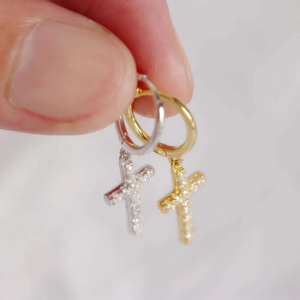 

INS design jewelry women Gift Dainty Small Gold charm 925 sterling silver Hoop Earrings With Zircon cross