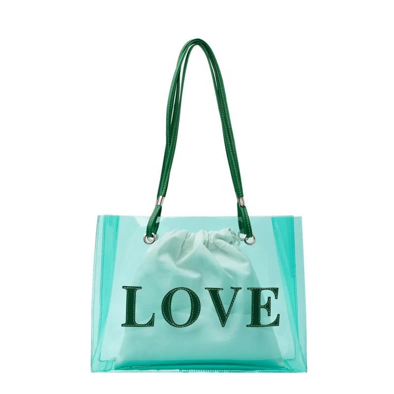 

Elegant PU LOVE Stitching Lady 2 In 1 Set Shopping Shoulder Bag Women Transparent Pvc Jelly Tote Bag Girls Beach handbag, White, yellow, green, brown