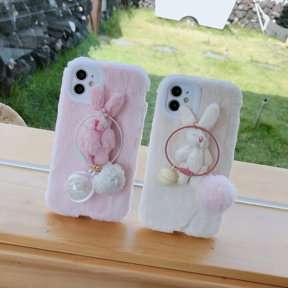 

Cute cartoon bell rabbit doll Lens protection Plush 2020 New Phone Case Cover for iPhone 12 Pro Max huawei nova7pro, Black