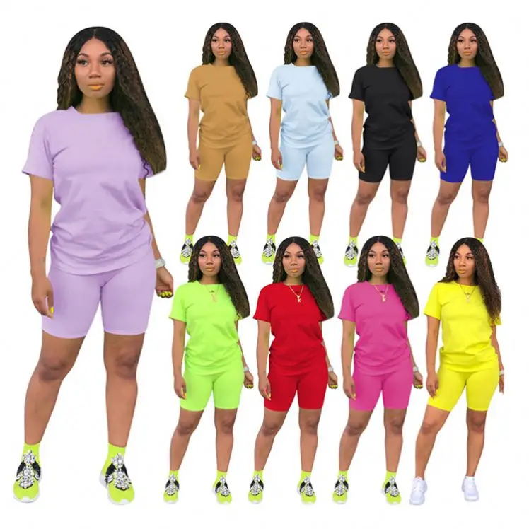 

0320M073 2021 Solid Color T-Shirt Knee Short Pant Summer Casual Sport 2 Pcs Track Suit Outfits Women Clothing Two Piece Set