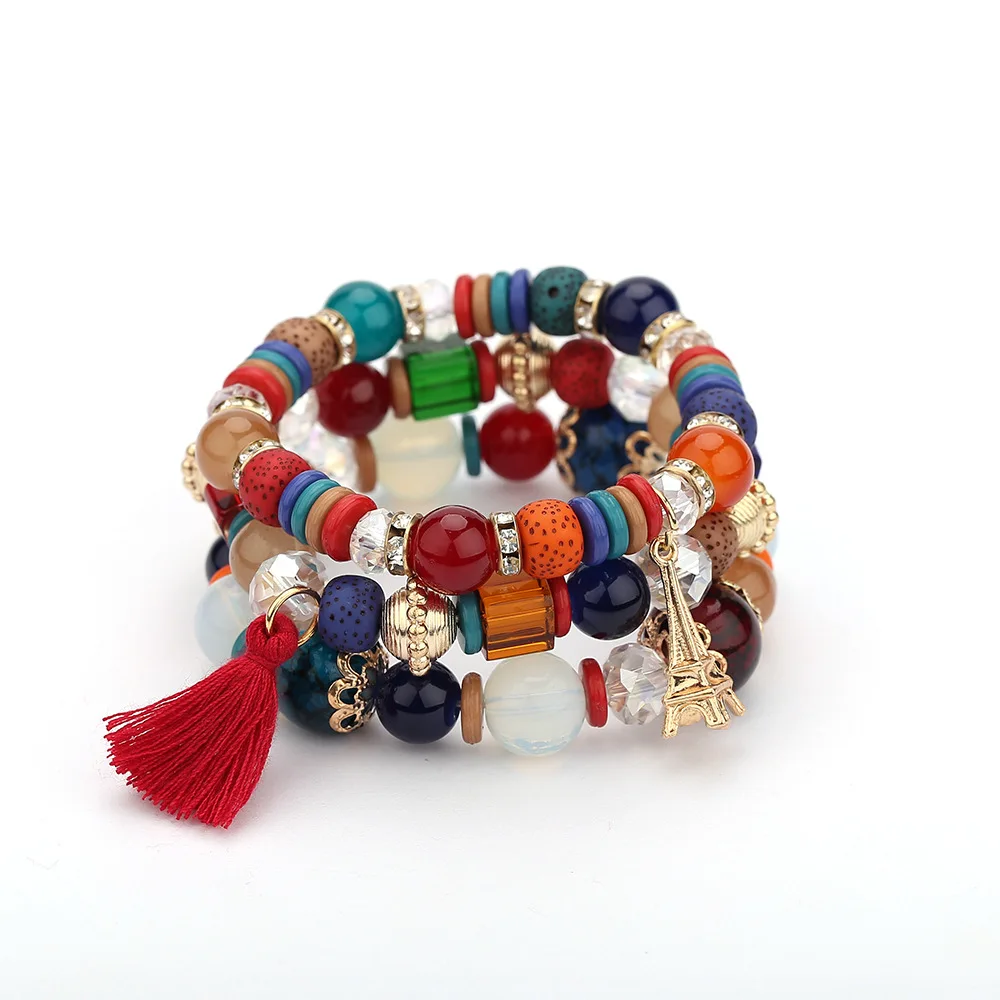 

Fast Delivery Time Hot Selling Bohemian Bracelet DIY Set Style Handmade Beads Elastic Bracelet Wholesale Price Tassel Bracelet