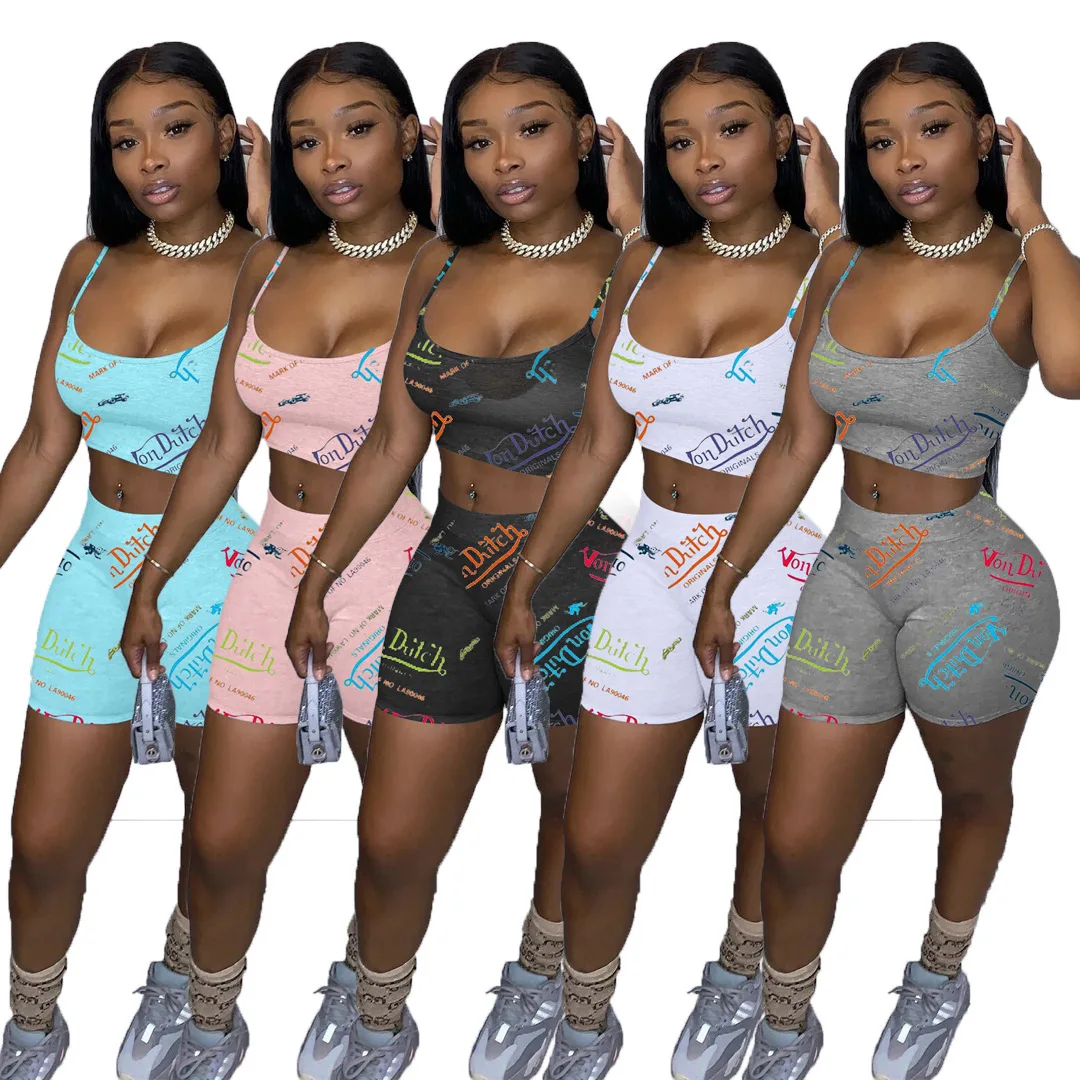 

Y3 welkin 2021 two piece set women clothing sunmerc ross print sling vest top shorts set, Picture