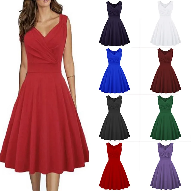 

Women's 50s 60s Vintage Sleeveless V Neck Solid Cocktail Swing Dress Midi Dress Cocktail Dresses for Women Wedding Guest