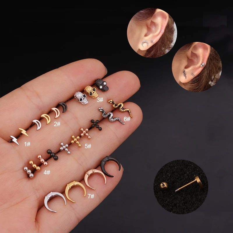 

Tiny lighting strike cross moon skull skeleton snake shape fully stainless steel rook helix daith rook piercing studs, Silver / gold/black /rose gold