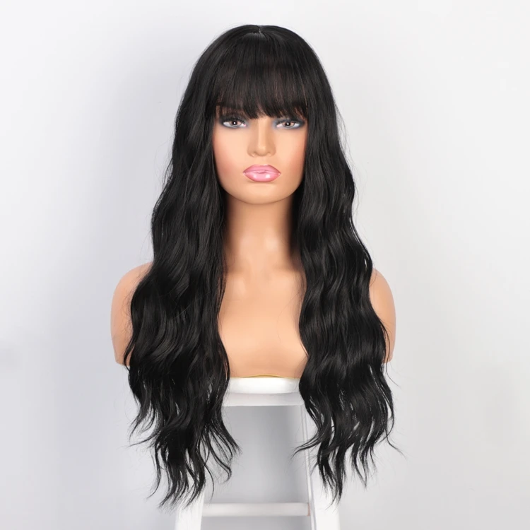 

Aisi Hair Cheap Loose Curl Black Fiber Wig Manufacturers Long Wavy Synthetic Wigs With Neat Bangs Synthetic Machine Made Wigs