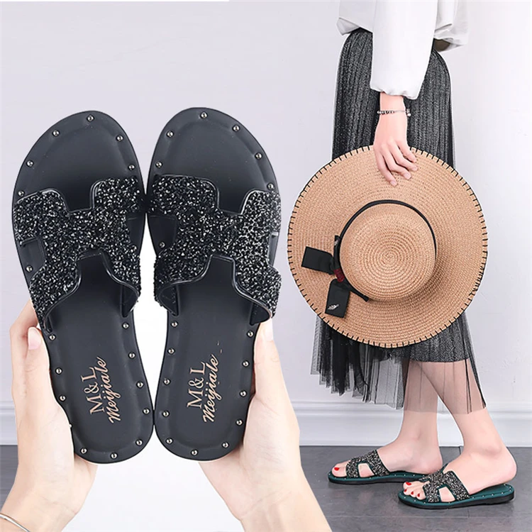 

H-shaped Rhinestone Sandals and Slippers Women's Fashion Outer Wear Seaside Flat-soled Beach Shoes Flip Flops