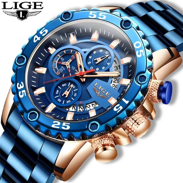 

LIGE 2020 New Fashion Men's Watches Waterproof Sport Quartz Style Watch Men All Steel Big Dial Date Chronograph Clock Wristwatch