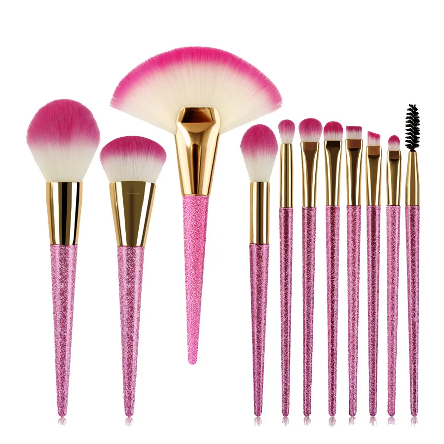 

HZM 11Pcs Customized Pink Glitter vegan luxury custom makeup brushes Set private label Fan Powder Eye Private Label Professional