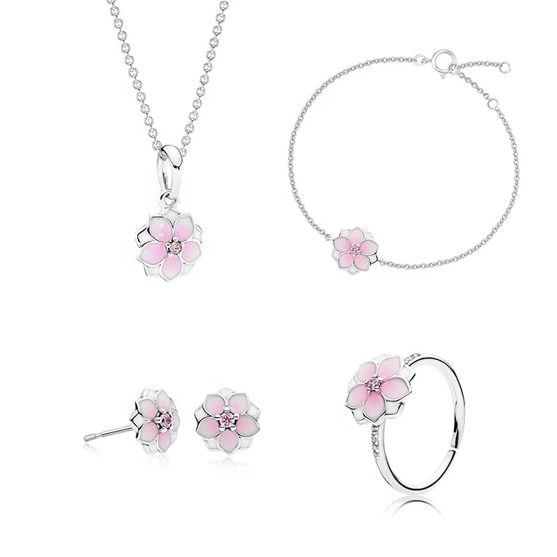

Customize Designs 925 Sterling Silver Pink Enamel Flower 4 Pieces Set Jewelry