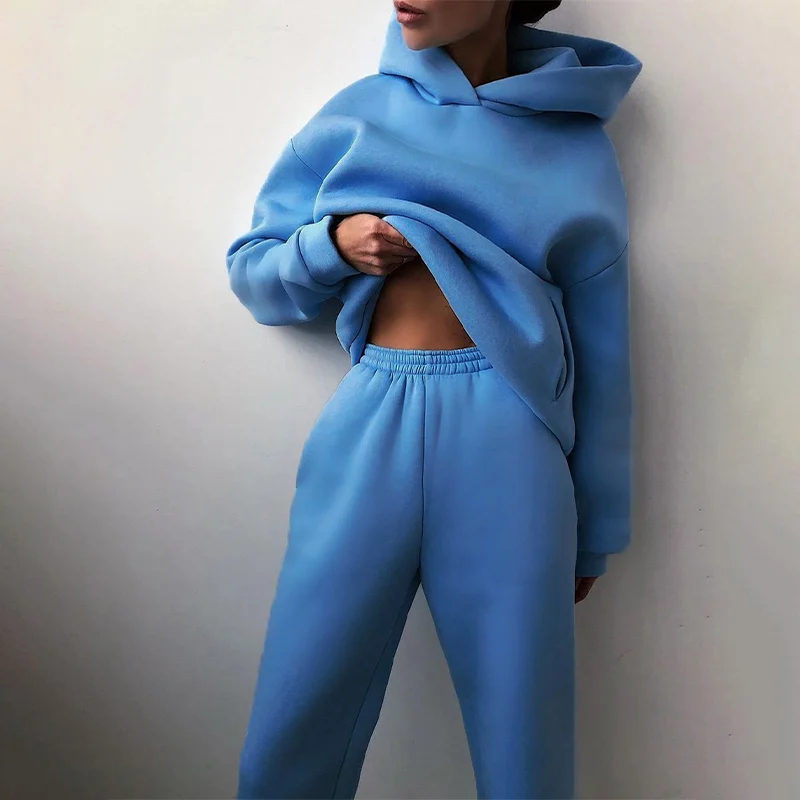 

Women Elegant Solid Color Long Sleeve Hoodie Set Fashion Pants Two Piece Ladies Sweatshirt Suits, Accept custom color