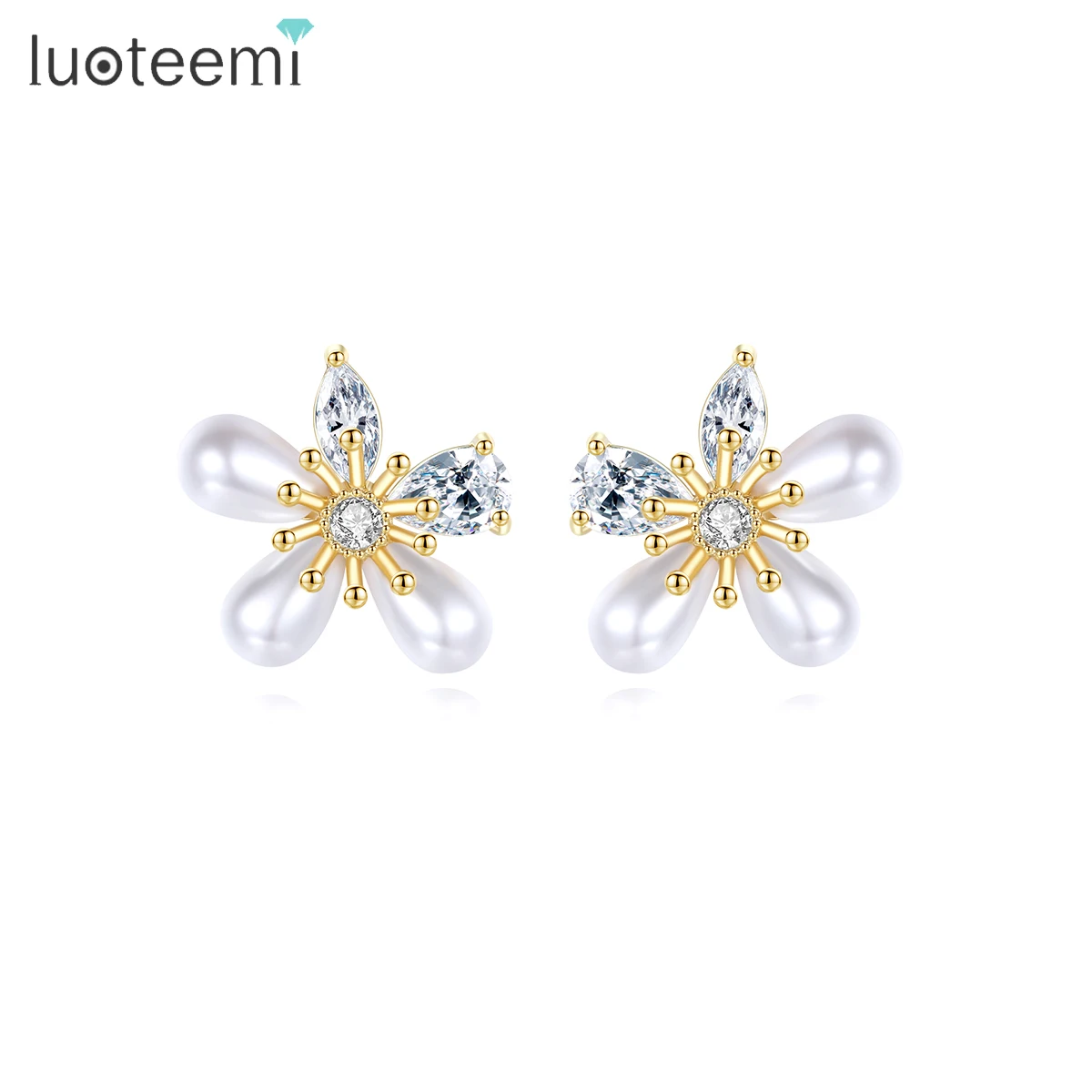 LUOTEEMI Elegant Korean Designer Zircon Lady Hot Sale Cute Earing For Girl Pearl And Flower Earring