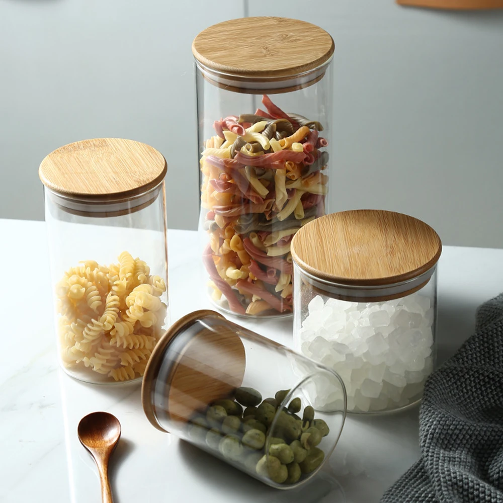 

Bamboo Lid Glass Sealed Storage Candy Jar Kitchen Food Moisture-Proof And Insect-Proof Reserve High Borosilicate Container Tool, Transparent