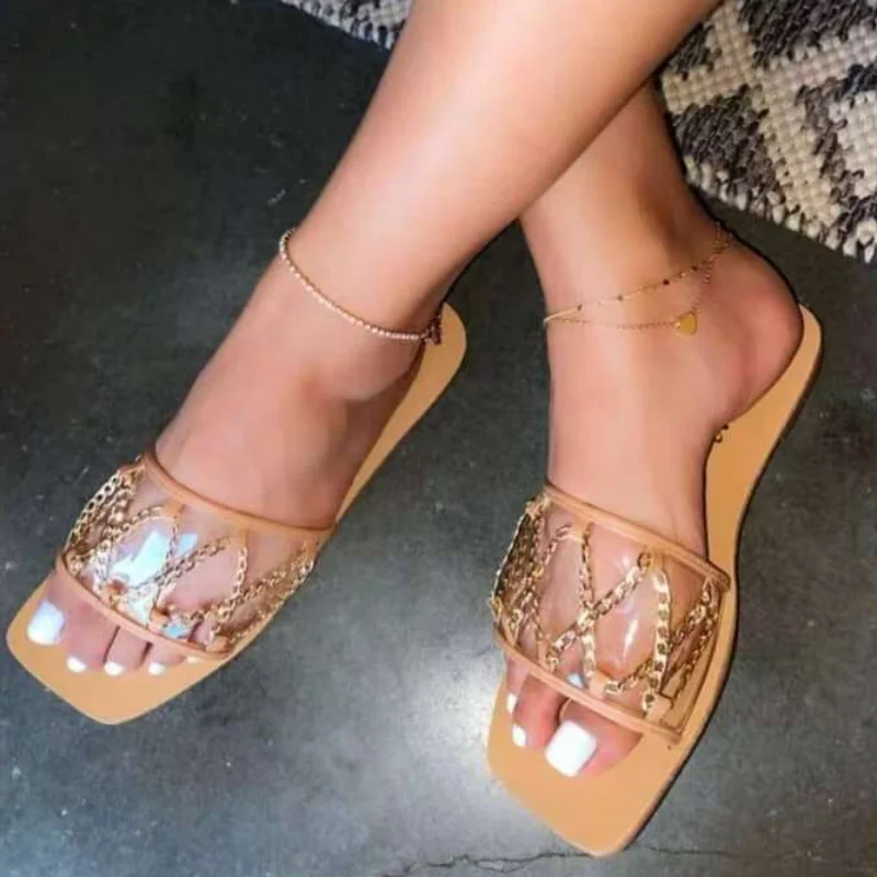 

Gold chain detail square peep toe women slippers sandals summer fashion lady flats mules clear strap female slides