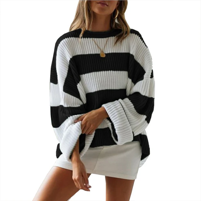 

Cheap Contrast Color Ladies Loose Knitted Knitwear Long Sleeve Striped Casual Women Cheap Sweater, Customized color