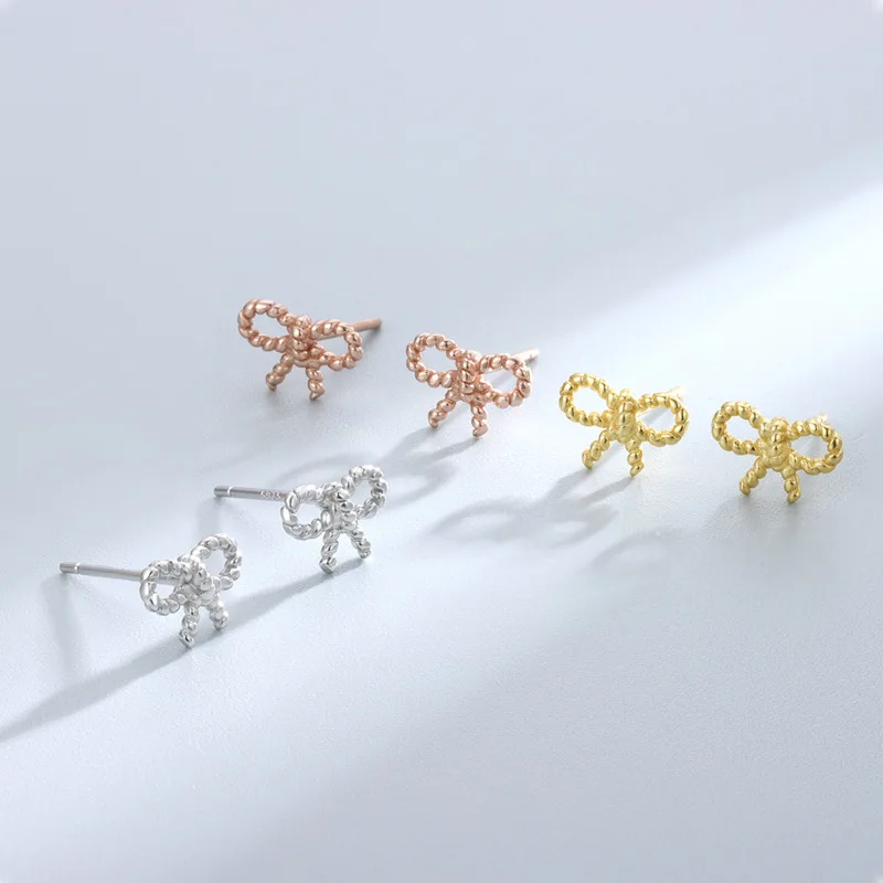Wholesale Fashion Jewelry 925 Sterling Silver Small Earrings Twist Rope Shape Bow Knot Gold Plated Stud Earrings for Women