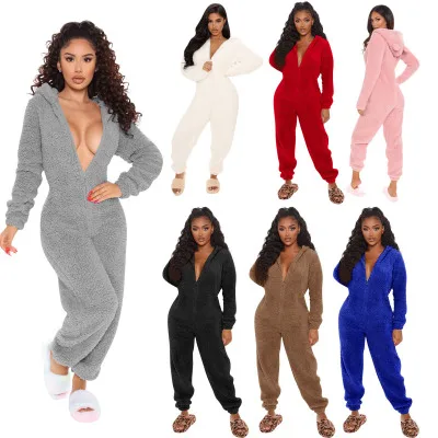 

Winter Warm Pyjamas Women Cute Fluffy Fleece Jumpsuits Sleepwear Overall Plus Size Hooded One piece Pajamas For Adults Coldker, Picture