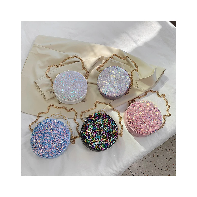 

2021 Luxury Sequined Circle Bags Women Spring Handbags Texture Chain Shiny Messenger Bag Trendy Portable Purse Round Small Totes