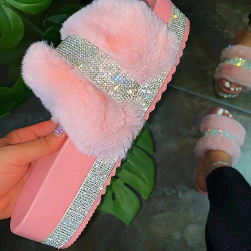 

2021 ladies women fur diamond rhinestone bandana casual chunky platform flat slides sandals, Customized color