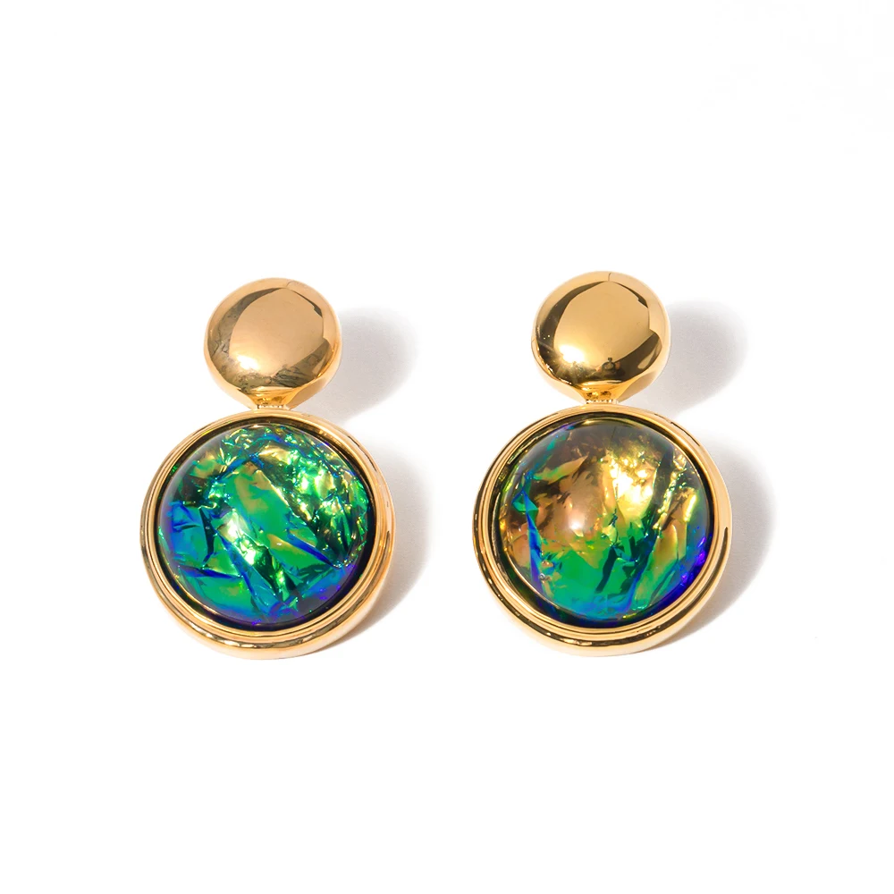 

Waterproof 18K Real Gold Plated Brass Round Transparent Resin Green Stone Stud Earring Fashion Jewelry