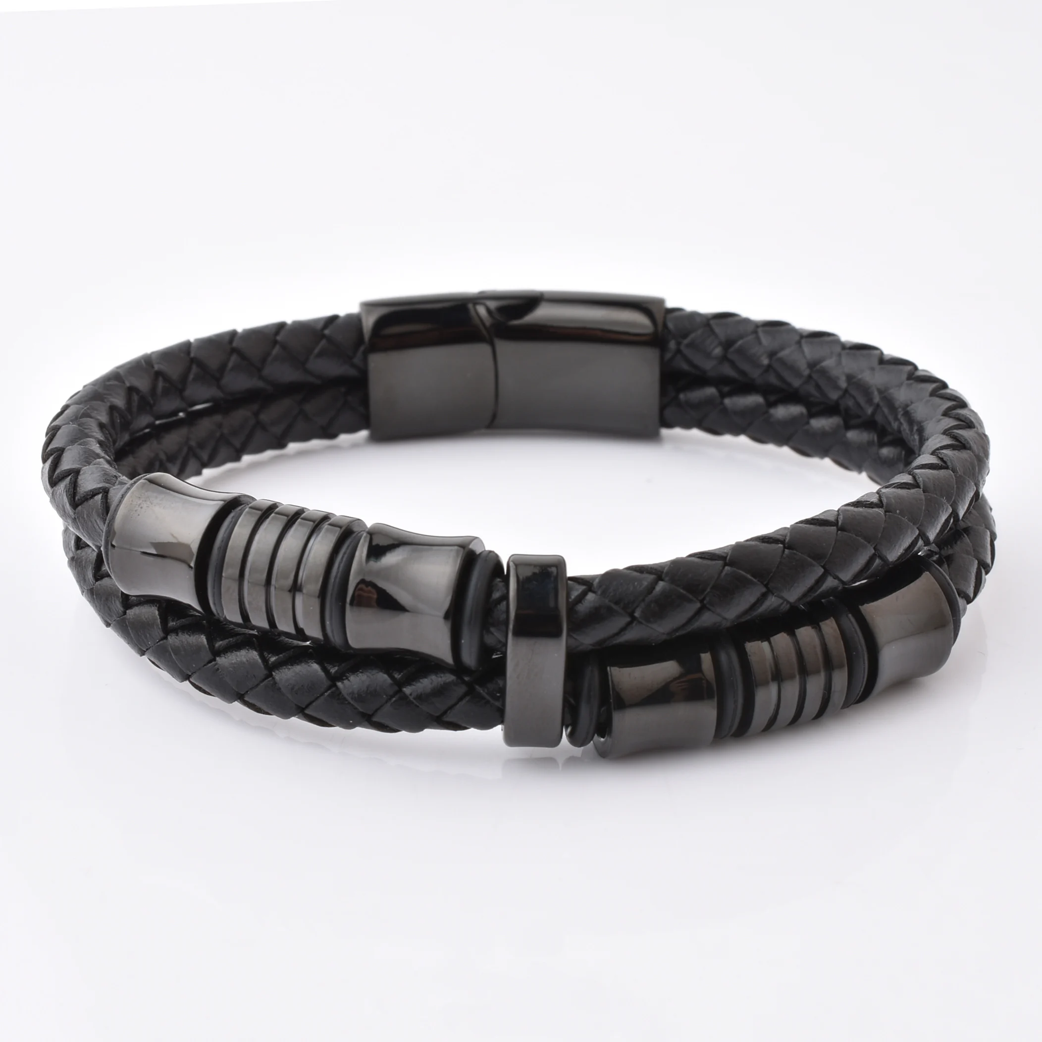 

Hot Selling Mens Accessory High Finish Custom Stainless Steel Braided Black Leather Bracelet For Men