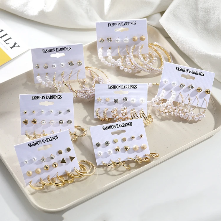 

6 Pieces Fashion Metal Star Heart Stud Earrings Women's Personality Rhinestone Big Pearl Hoop Earrings