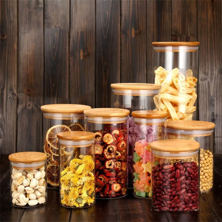 

Hot sell high borosilicate kitchen storage glass jar set spice container bottles with bamboo lid, Transparent