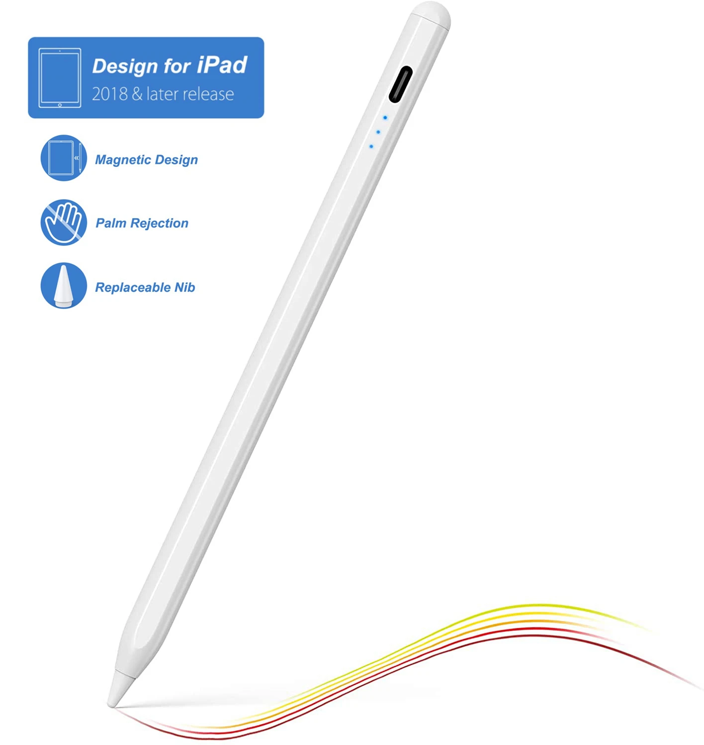 

Palm Rejection Active Stylus Drawing Pencil With Battery Indicator Tilt Sensitivity for Apple Ipad Air Mini Pro, White