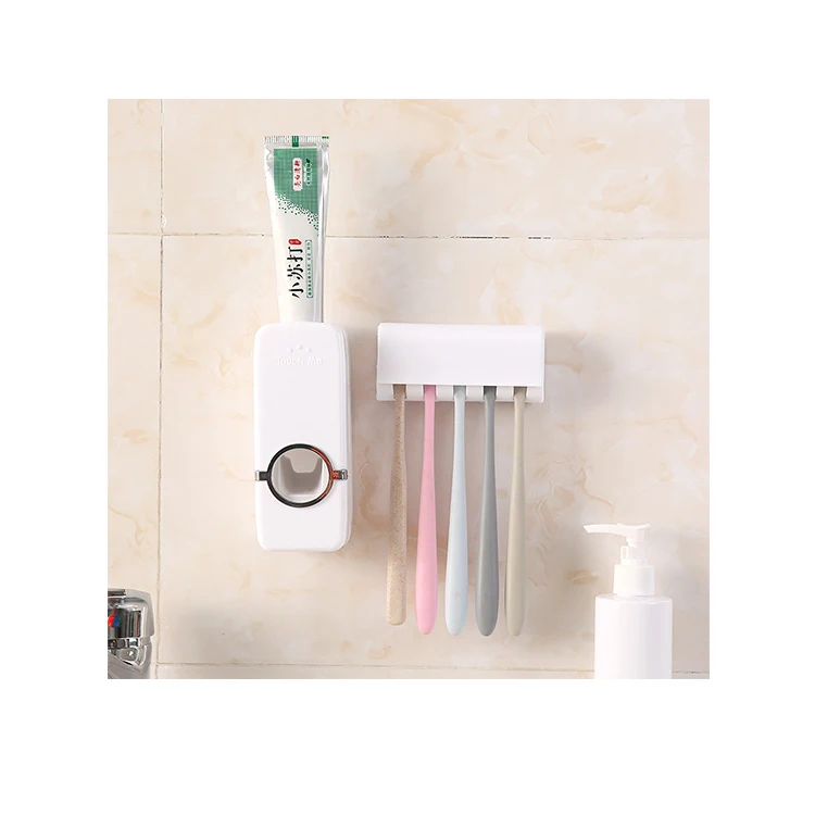 

Household Bathroom Wall Mount Automatic Toothpaste Dispenser With Toothbrush Holders Set, dustproof toiletry items set, White