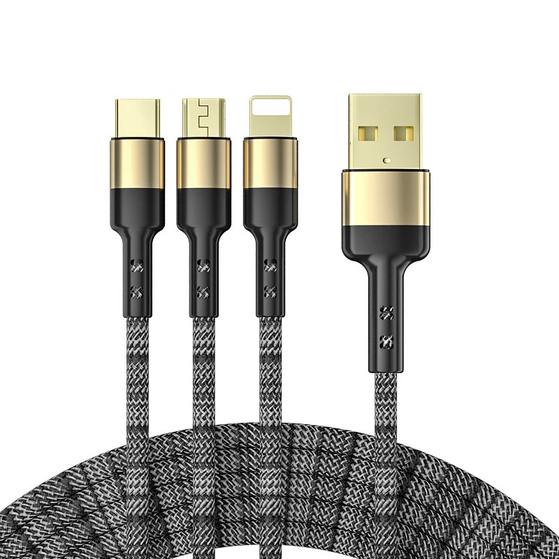 

2m 5A Fast Charge 2022 New Arrival Trending Gadgets 3in1 Braided Cell Phone Mobile 3 in 1 Charging Cable Charger Cords USB, Black