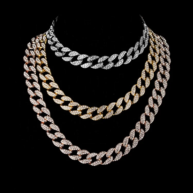 

Miami Curb Cuban Chain Necklace Gold color IcedOut Paved Rhinestones CZ Bling Rapper Necklaces Men Hip Hop Jewelry