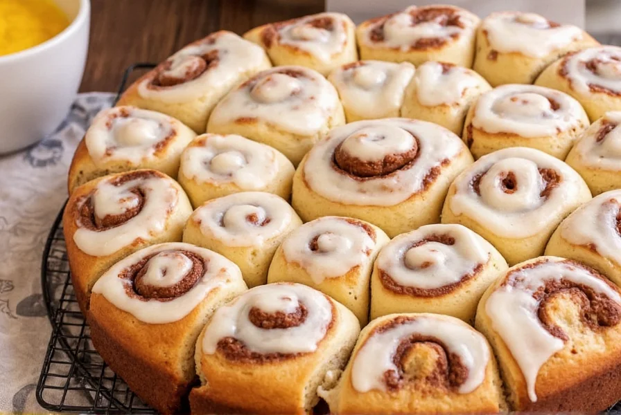 Finished giant cinnamon roll with spiral pattern and cream cheese glaze