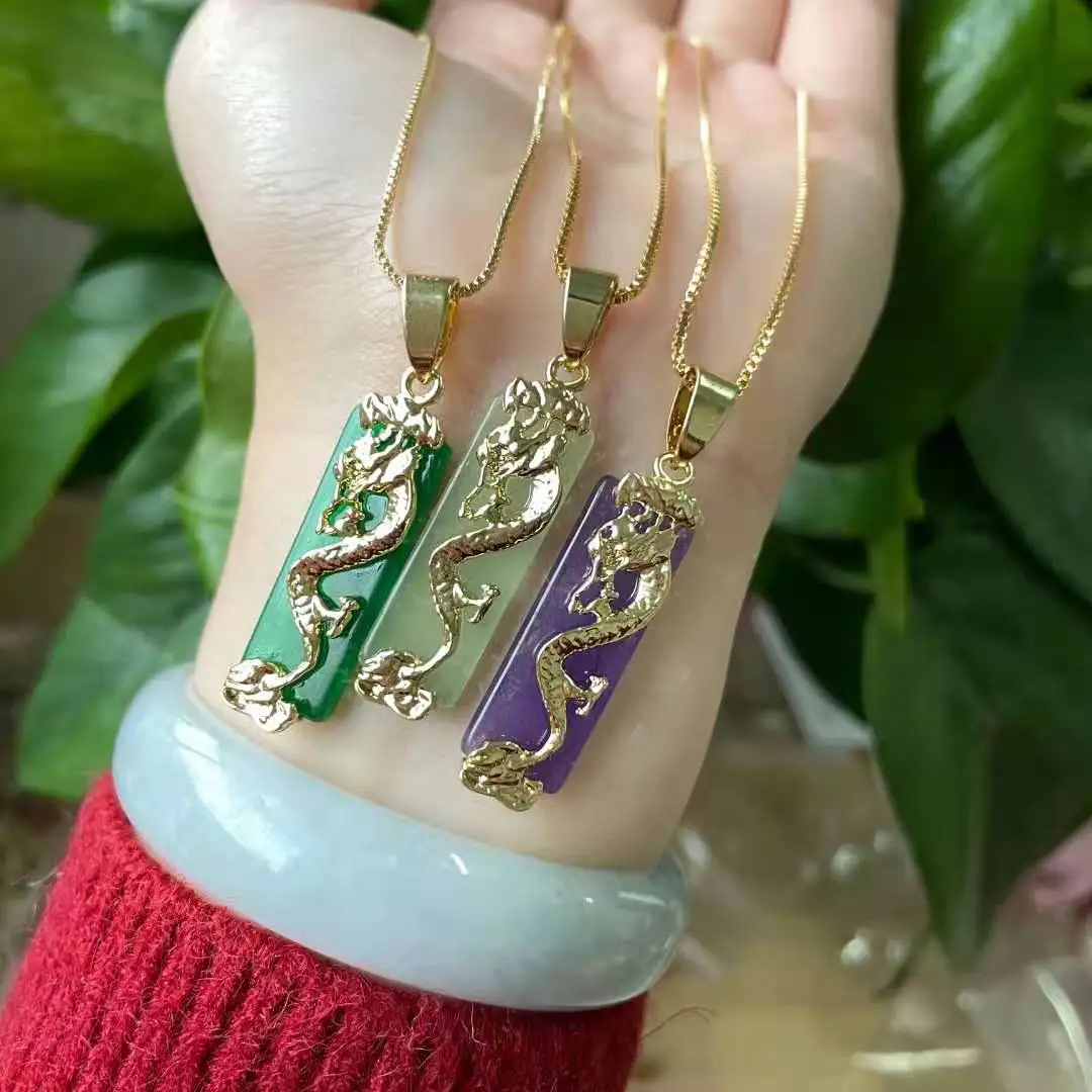 

Jialin 2021 INS 18k gold narrow jade dragon pendant natural light green purple rectangle jade dragon necklace