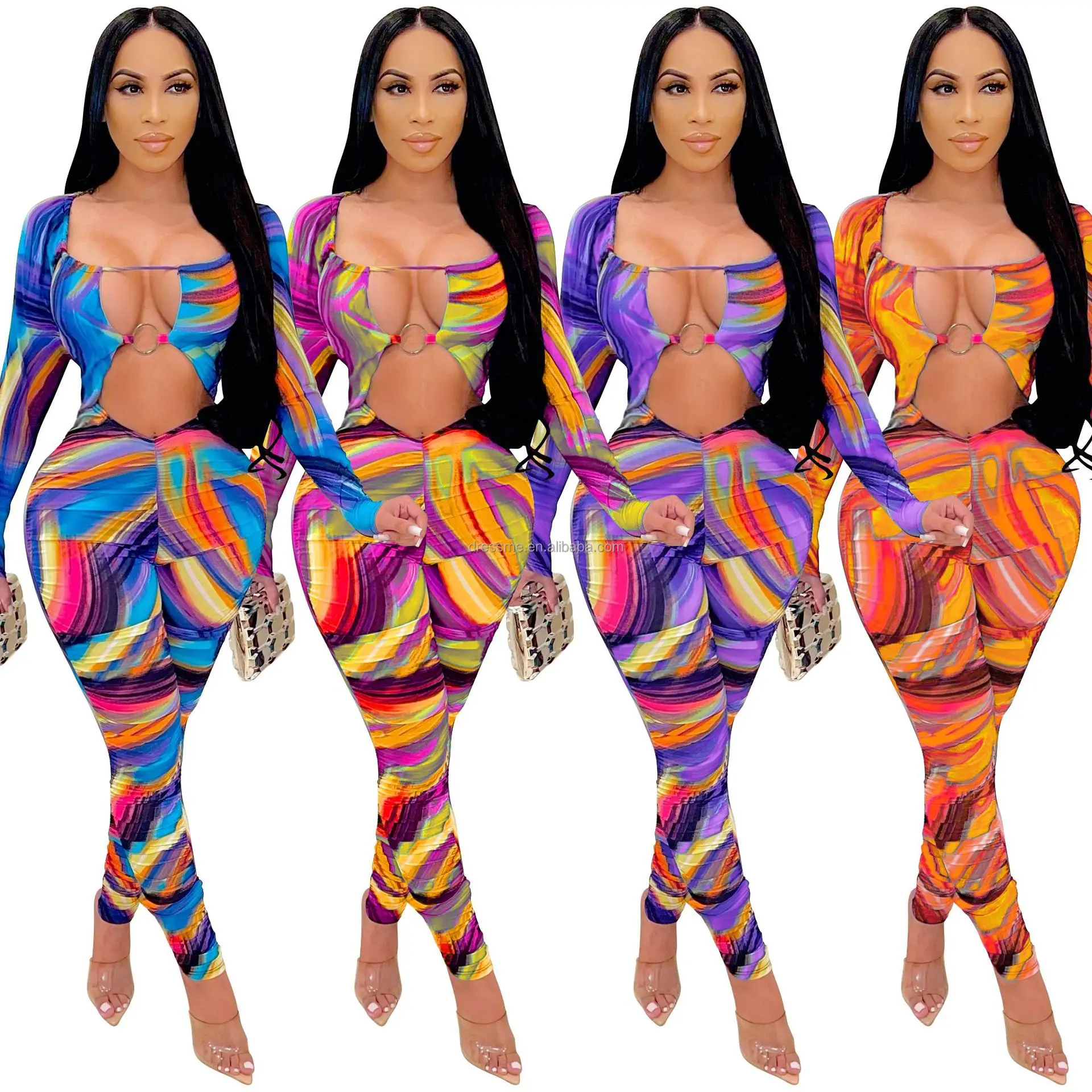 

MT108-5080 2021 Women Attractive Painted Tie-Wrap Hollow Out Ladies Jumpsuits Hot Style Backless Long Sleeve Pleated Romper