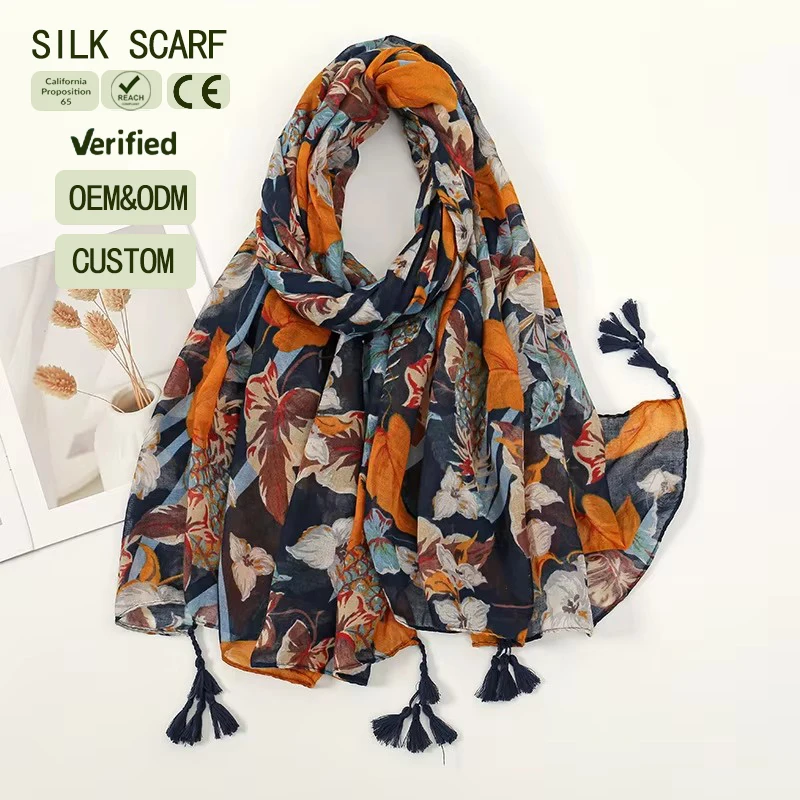 New Bali Yarn Voile Printed Long Travel Sunscreen Scarf Shawl for Women Made of Polyester Cotton Hemp with Tassel Women's Scarf