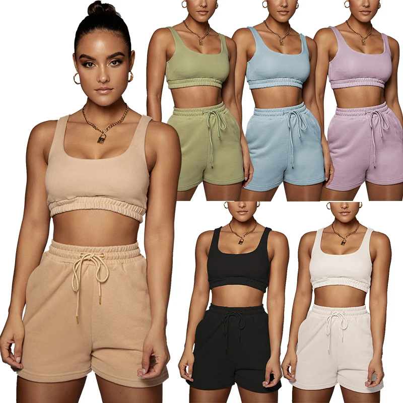 

Summer designer cotton crop top bra and biker pocket shorts matching tracksuit outfit biker two piece short sets, Picture