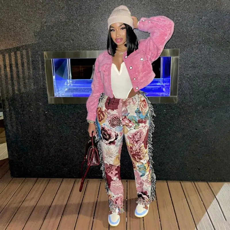 

Hot Sale Cheap Women Printed Color Women Sweatpants Fringe Tassel Pants