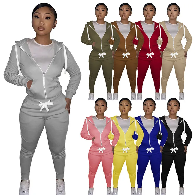 

2021 Casual Ladies Jogging Sweatsuit Long Sleeve Full Zip Up Hoodie Fall Women Two Piece Pants Sets, Picture shown